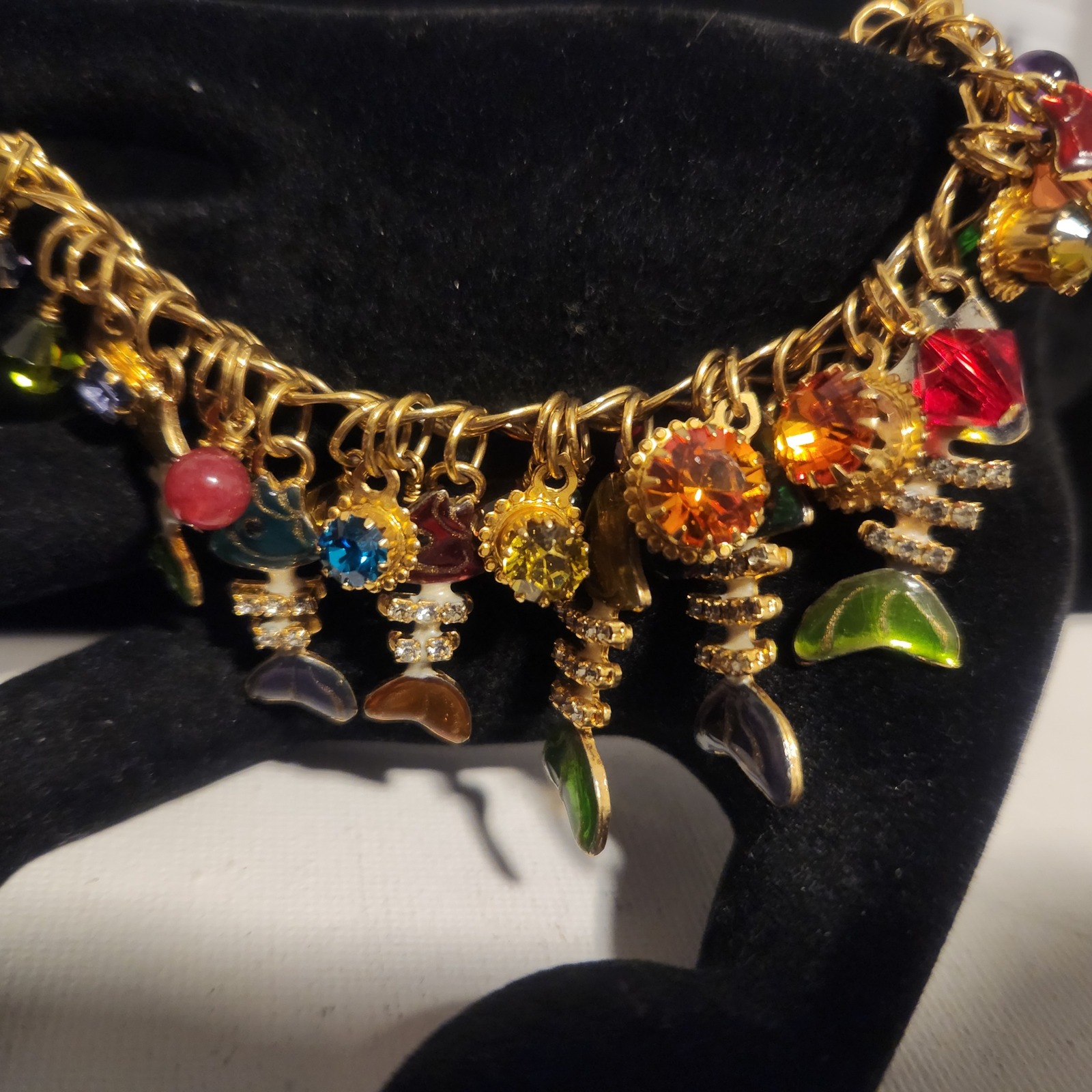 Gold Tone Multi Charm Fish Sea Life Enamel Rhinestone Toggle Bracelet 7inch 280$